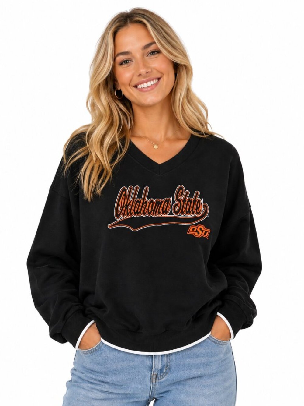 Liv Casual Womens NCAA Long Sleeve Black Embroidered Pullover Oklahoma State XXL